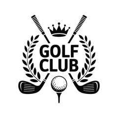 Golf club emblem with laurel wreath, crossed clubs, crown, and ball vector illustration