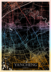 Yancheng China City Map. Downtown printable Landmarks, print city painting, travel art banner, modern urban art, background abstract city