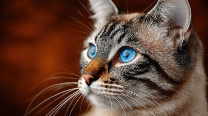 Close-up Portrait of a Striking Cat with Piercing Blue Eyes and Brown Fur