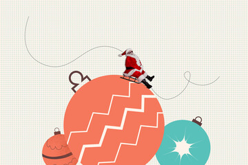 Creative 3D photo collage artwork template of santa claus character sit riding sladge big size...