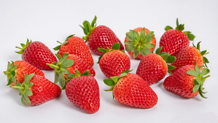 Fresh ripe strawberry with vibrant red color, isolated on a clean white background. Close-up studio shot showing natural texture and soft lighting. Perfect for healthy food, vegan diet.