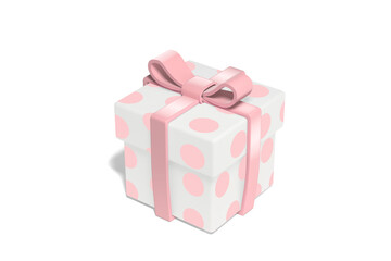 Fototapeta premium 3D illustration of a white gift box with pink polka dots and a pink bow ribbon. It has light shadows on a white background, so you can remove the background easily
