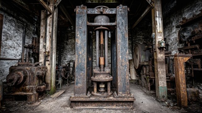 Vintage Industrial Machine in Abandoned Workshop Surrounded by Weathered Tools and Equipment