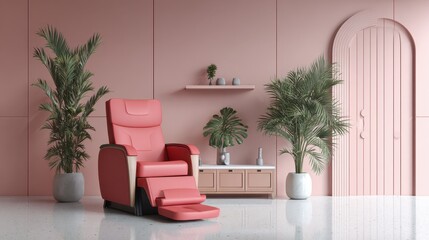 Obraz premium Relaxing Pink Armchair in Modern Interior with Green Plants and Soft Color Palette