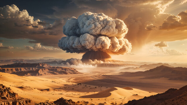 Dramatic of massive atomic explosion over arid desert, golden dunes, rocky outcrops, turbulent sky, low angle, detailed, vibrant, powerfu generative AI