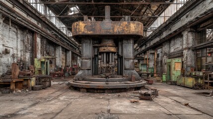 Abandoned Industrial Warehouse with Rusting Machinery and Weathered Walls in an Urban Environment