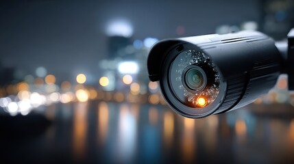 Security Camera Surveillance System Monitoring City at Night