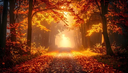 Golden Path to Wonder: Majestic Autumn Forest Road Bathed in Ethereal Glowing Light and Orange Leaves