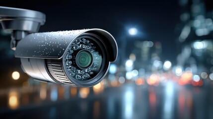 Security Camera Surveillance System on Building Exterior at Night