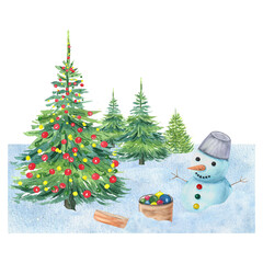 Christmas watercolor illustration with a snowman, Christmas trees, toys, and snow, hand-drawn for postcards, packaging, children's products, textiles, and dishes