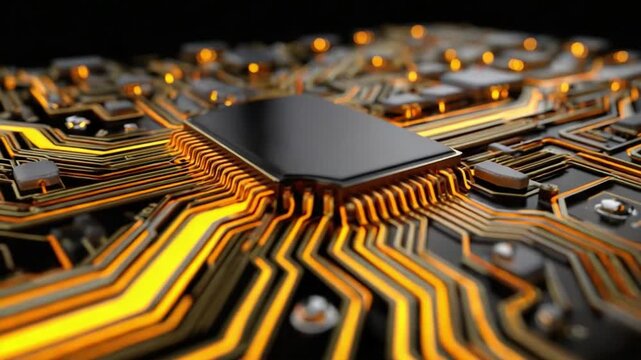 Electronic Circuitry: Intricate electronic circuits, the building blocks of modern technology, intricately interwoven with shimmering golden pathways. a visual ode to innovation and the digital age.