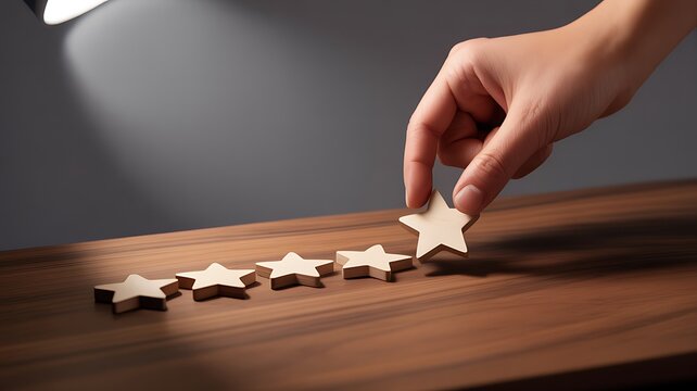 Hand Placing Wooden Star for Five-Star Rating on Wooden Table Under Soft Light – Customer Satisfaction and Quality Concept