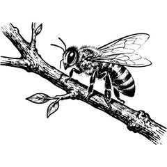 Obraz premium Honey Bee on Tree Branch Engraving Vector Illustration