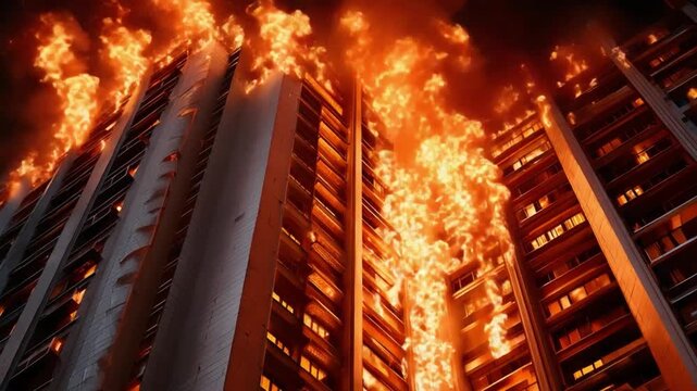 Inferno in the Sky: A towering building is engulfed by a raging inferno, flames leaping across the structure against a smoke-filled sky, a dramatic and urgent image of disaster.