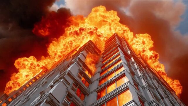 Building on Fire: Dramatic image of a tall building engulfed in flames and billowing smoke, creating a scene of destruction and chaos.