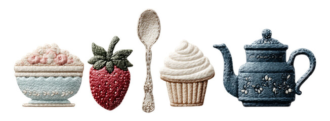 Decorative Embroidered Elements of Teacup, Spoon, Strawberry, and Cupcake