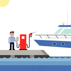 Illustration of a man fueling a boat at a dock on a sunny day.