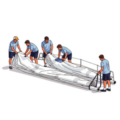 Illustration of people folding a large white sheet on a metal frame.