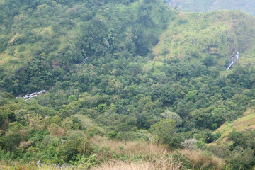 Looking down from Parunthumpara hills viewpoint, A scenic green valley in Kerala with dense forests and two hidden waterfalls winding through the landscape, perfect for nature, eco-tourism.