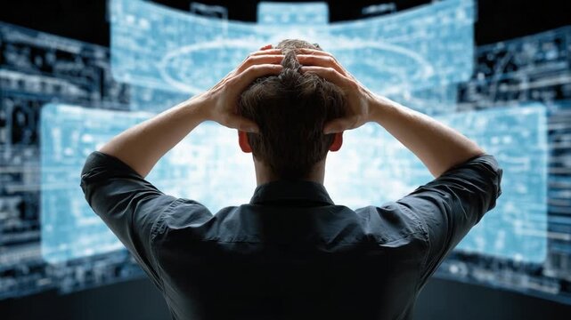Digital Overload: A person looks at complex digital screens and touches his head and expressing the strain and perplexity that the modern digital world can bring. 