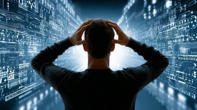 Digital Maze: A person is surrounded by digital circuits. Hands reaching out, against an abstract background, expressing bewilderment and perplexity.