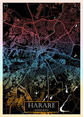 Harare Zimbabwe City Map. Downtown printable Landmarks, print city painting, travel art banner, modern urban art, background abstract city