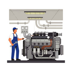 Mechanic working on a large industrial engine in a factory setting.