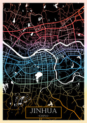Jinhua China City Map. Downtown printable Landmarks, print city painting, travel art banner, modern urban art, background abstract city