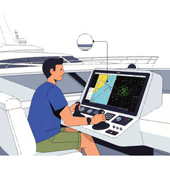 Man navigating a yacht with advanced technology, displaying a radar screen.