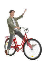 Naklejka premium Handsome man riding red bicycle on white background