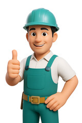 Construction Worker With Teal Overalls and Hard Hat Gives Thumbs Up For Safe, Positive Work