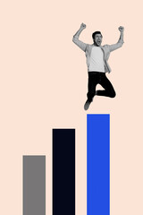 Fototapeta premium Composite sketch image design trend artwork collage of young businessman jump smile win success target analyzing success trade stats