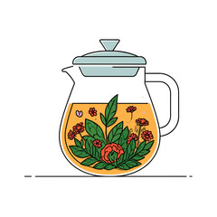 Floral herbal tea pot for spa ritual, vector illustration