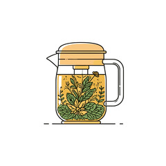 Herbal tea in clear glass pot with leaves, wellness vector