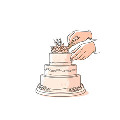 Wedding cake cutting hands, ceremony vector illustration