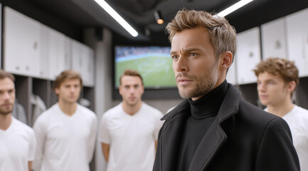 Football Coach Leading a Strategy Meeting with Players in the Locker Room..