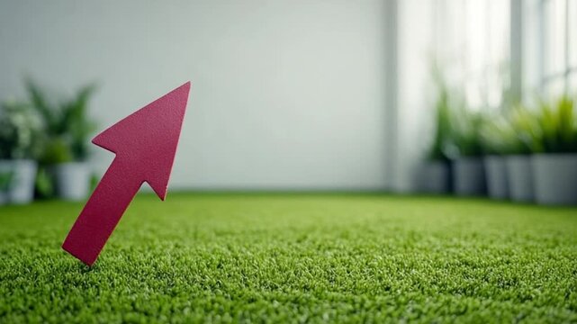 Direction of Growth: A vibrant red arrow points upward, symbolizing progress and growth, against a backdrop of fresh green grass and a bright, open space.