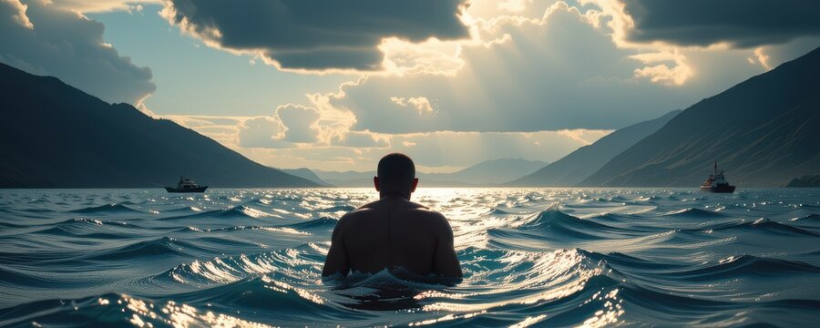 Serene Swimmer Embracing Nature's Beauty in Calm Waters