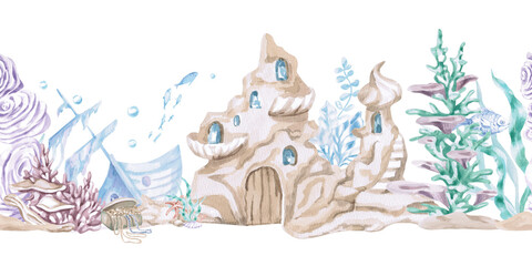 Fototapeta premium A seamless border featuring an underwater castle. An isolated watercolor illustration of the underwater world for decorating children's interiors, playrooms, and themed parties.