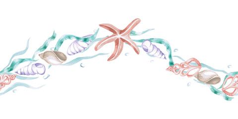 A seamless border with a starfish, shells, and seaweed. An isolated watercolor illustration of the underwater world for decorating children's interiors, playrooms, and themed parties. © Svetlana