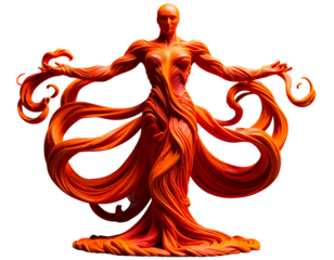 Abstract orange human figure with flowing sinew and outstretched arms, a striking digital art sculpture on a black background.
