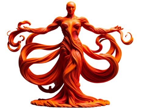 Abstract orange human figure with flowing sinew and outstretched arms, a striking digital art sculpture on a black background.