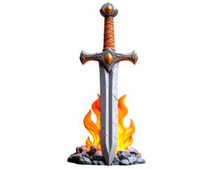 Stylized Fantasy Sword Plunged into Glowing Magical Fire and Rocks on a Black Background