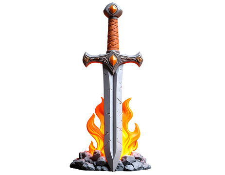 Stylized Fantasy Sword Plunged into Glowing Magical Fire and Rocks on a Black Background