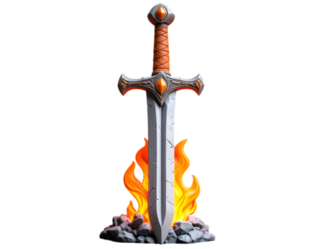 Stylized Fantasy Sword Plunged into Glowing Magical Fire and Rocks on a Black Background