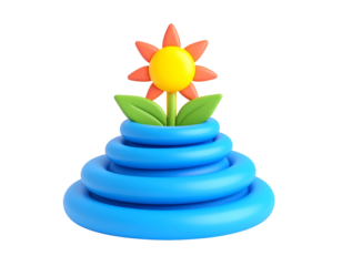 3D Render of Colorful Stylized Flower with Orange Petals and Green Leaves Growing from Blue Stacked Rings