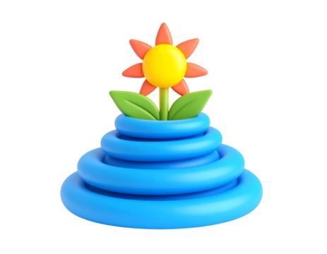 3D Render of Colorful Stylized Flower with Orange Petals and Green Leaves Growing from Blue Stacked Rings