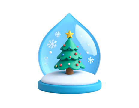 3D cartoon Christmas tree in a clear, droplet-shaped snow globe with falling snowflakes and snowy ground on a blue base