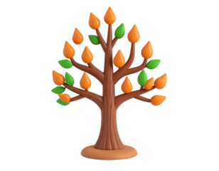 3D Clay Style Stylized Tree with Orange Flame-shaped Buds and Green Leaves on Black Background
