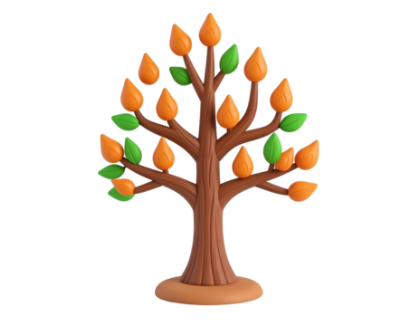 3D Clay Style Stylized Tree with Orange Flame-shaped Buds and Green Leaves on Black Background